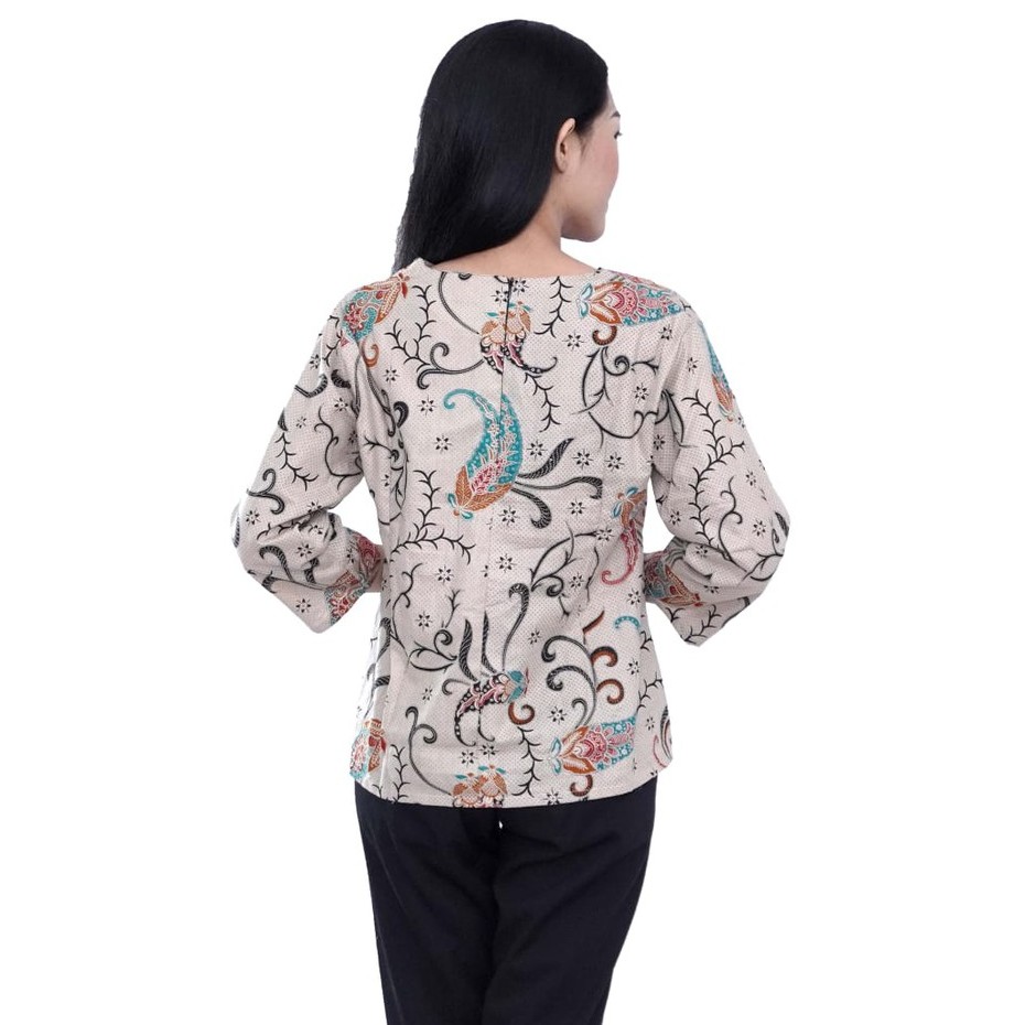 Atasan Blouse Batik Wanita Lengan Panjang 7/8 Warna Coklat Size S-M-L-XL-XXL-3L-4L-5L