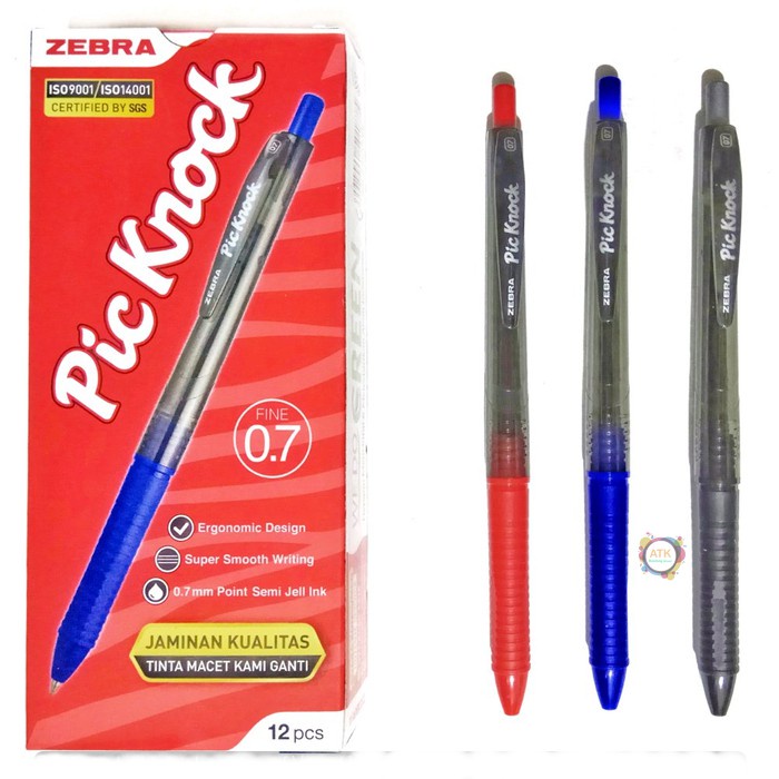 

Pulpen Semi Gel Zebra Pic Knock Tip 0.7 mm Pena Tinta Hitam Biru Merah LUSINAN