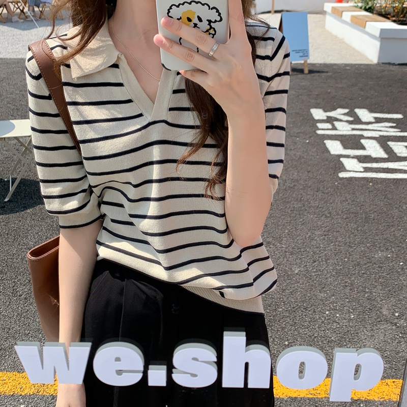 XIAOZHAINV Korean Style Kaos Knit Crop Top Stripe Baju Tunik Atasan Wanita