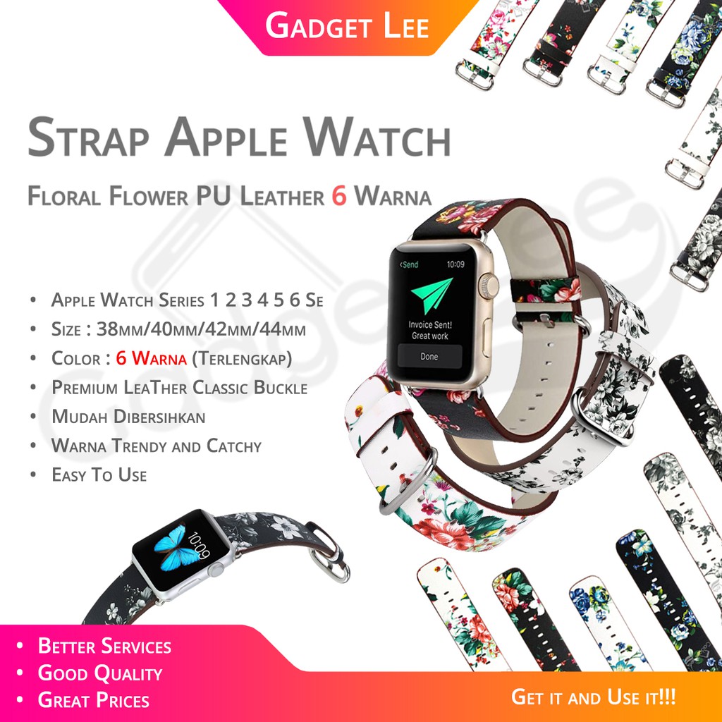 Strap Apple Watch Leather Flower Classic Buckle Tali Jam Apple Sport Band Series 1 2 3 4 5 6 SE 7 8 ultra