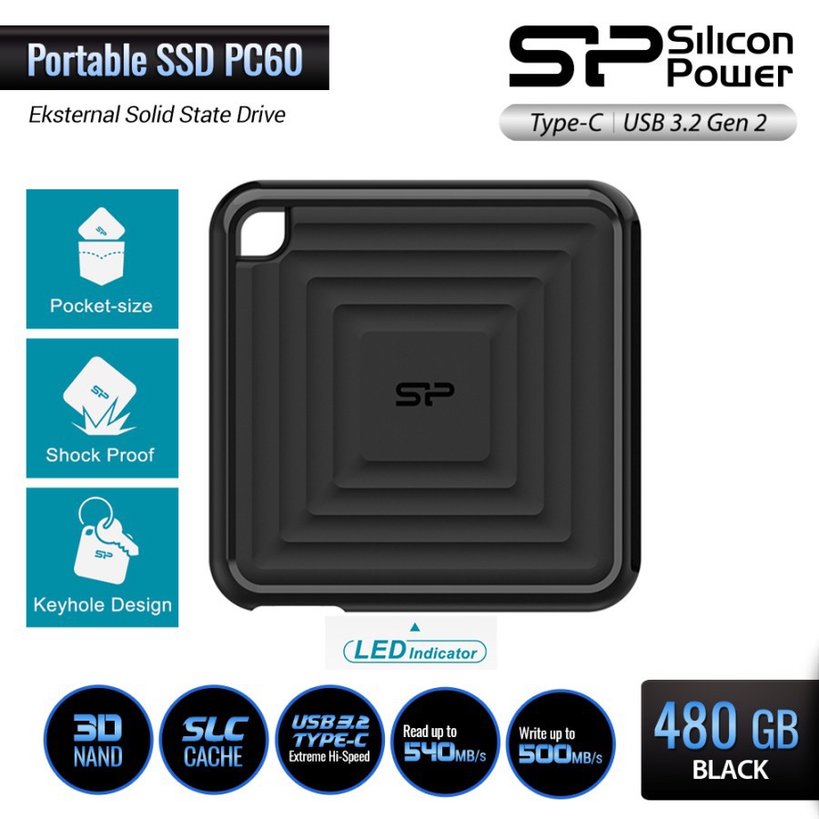 Silicon Power SSD Eksternal PC60 240GB 480GB 960GB Type-C ke USB3.2