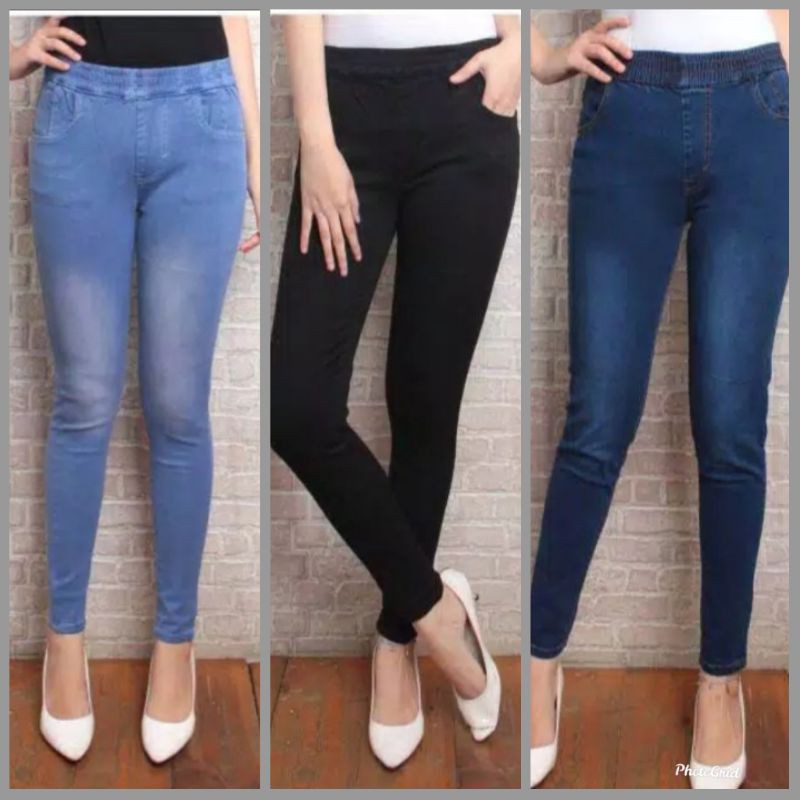 Leging Jeans  Celana Jumbo Wanita Pinggang Karet