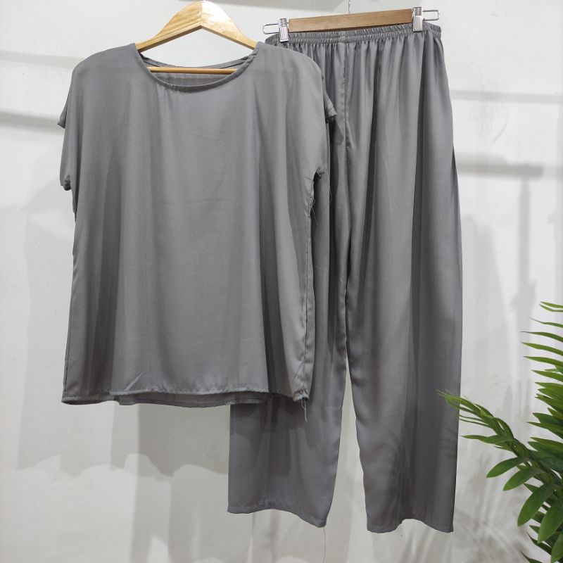 BAJU TIDUR POLOS PIYAMA POLOS CELANA PANJANG LENGAN PENDEK BAHAN RAYON babbydoll-POLOS ABU ABU