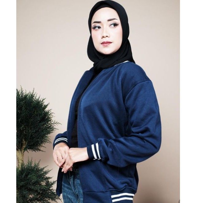 Jaket Baseball Polos Resleting Pria Wanita Bahan Tebal