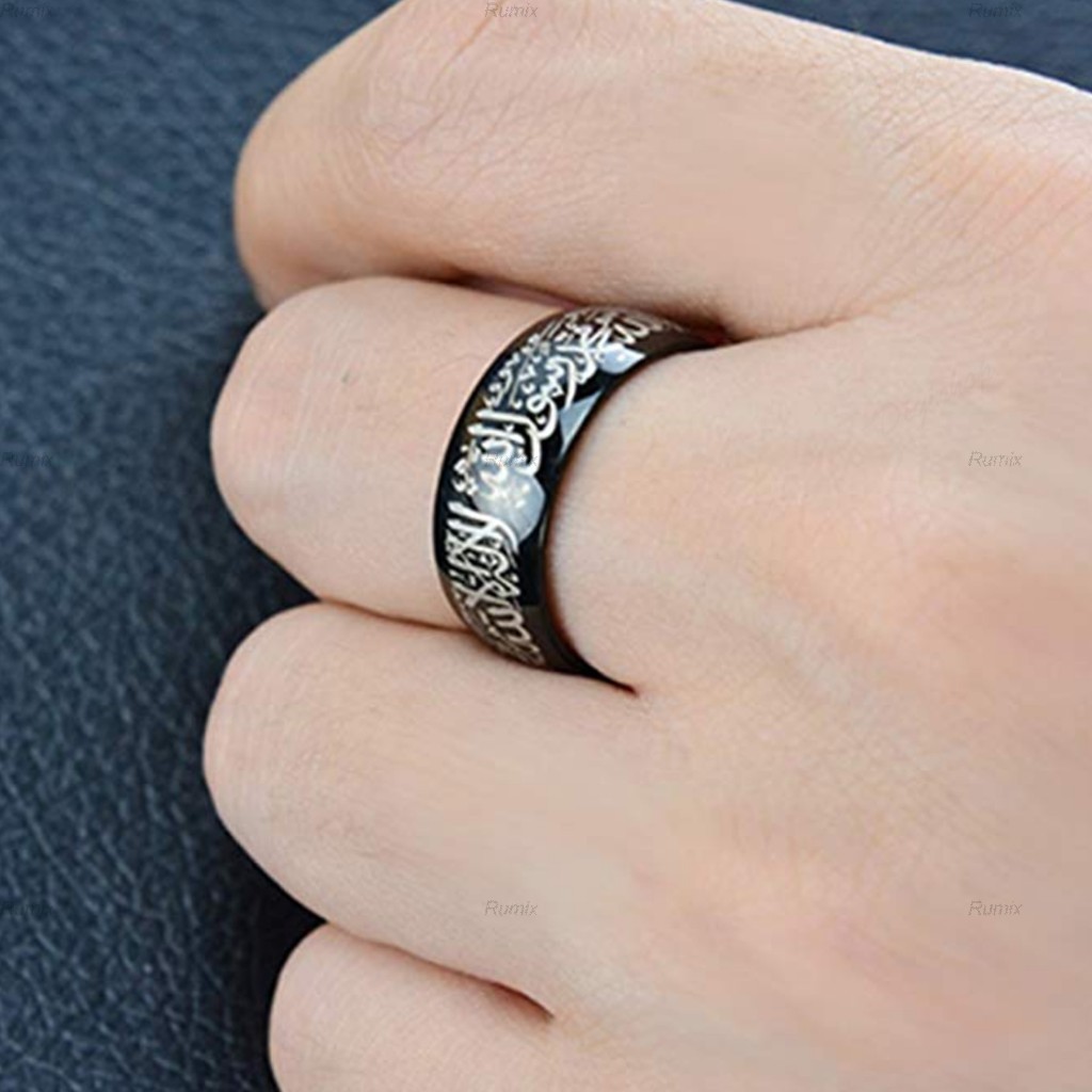 8mm Cincin Tauhid Muslim Pria Wanita Anti Karat Warna Emas Biru Silver Hitam Islami Kaligrafi Hadiah-1