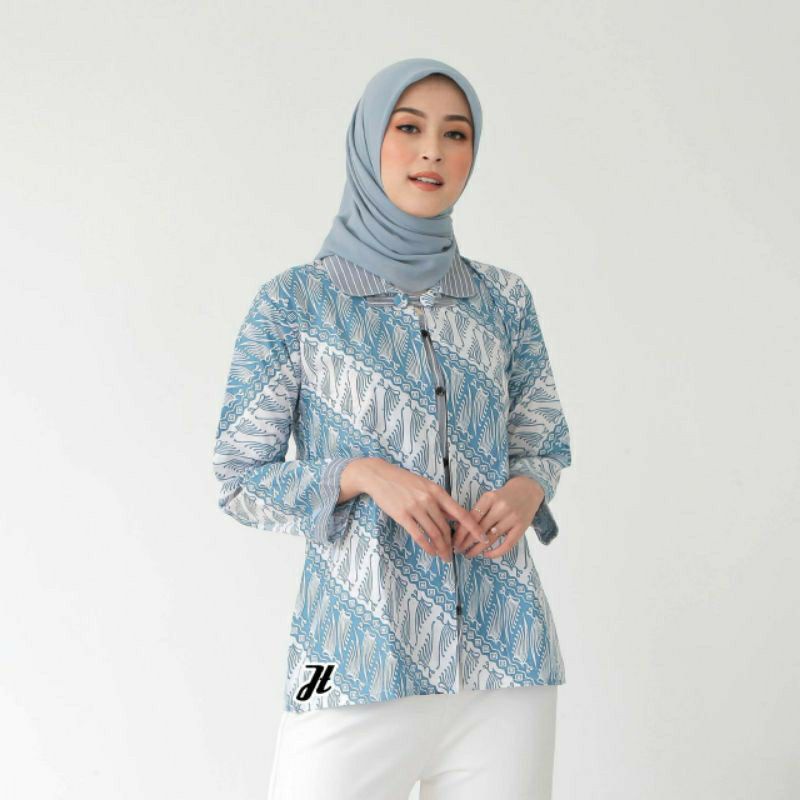 tey-17 Batik wanita ASJ SA HRB026 Kenongo Kemeja Tosca Pendek-bolero seno biru