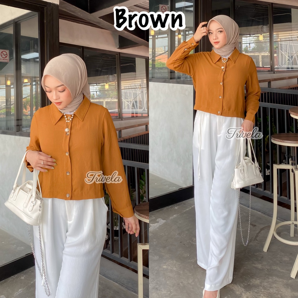 TRIVELA - Hanin Crop Crinkle / Kemeja Crop Cringkel Wanita Premium/ Kemeja Anti Kusut / SJJ