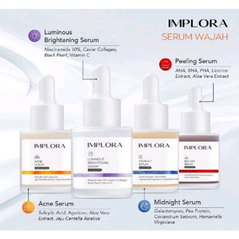 Implora Serum 20ml Luminous | Acne | Midnight | Peeling | Hydrating | 24K Gold | 1% Liporetinol | Bakuchiol | Salmon DNA | Birdnest Skin Nourish