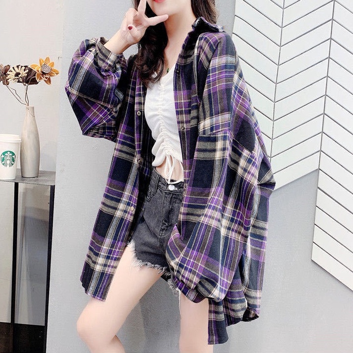 Kemeja Wanita Casual Lengan Panjang Model Longgar Motif Kotak-Kotak KoreaStyle Atasan M-3XL-hitam ungu