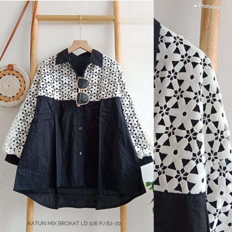 ATASAN KEMEJA WANITA KATUN MIX BROKAT - KEMEJA WANITA HITAM PUTIH - ATASAN KEMEJA MURAH