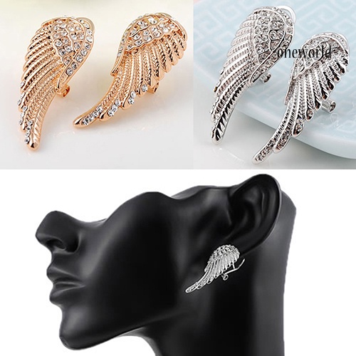 OW@ Women's 9K Gold Plated Angel Wings Crystal Ear Studs Luxury Earrings Jewelry