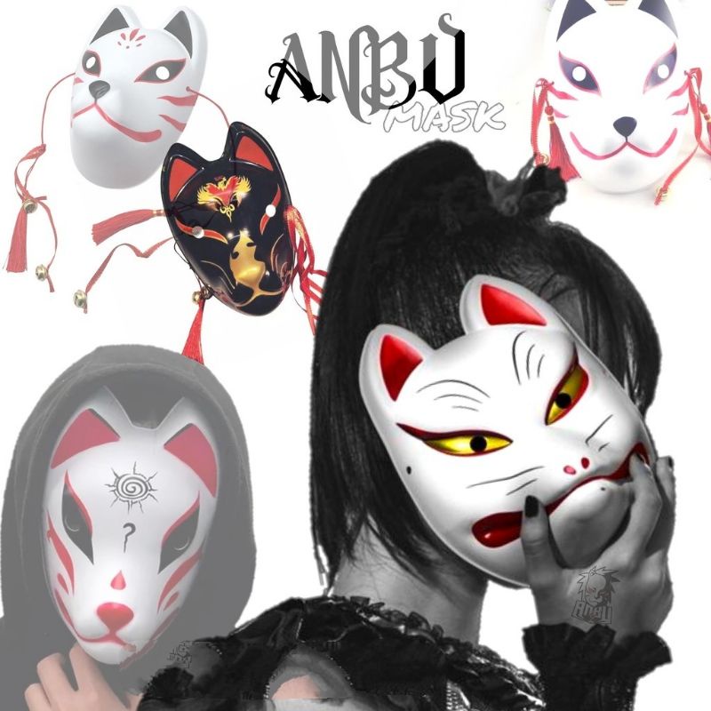 Topeng Rubah Anbu Full Face Cosplay Ninja Kakashi Japan Anime Fox Mask Kabuki Kitsune Halloween JAV