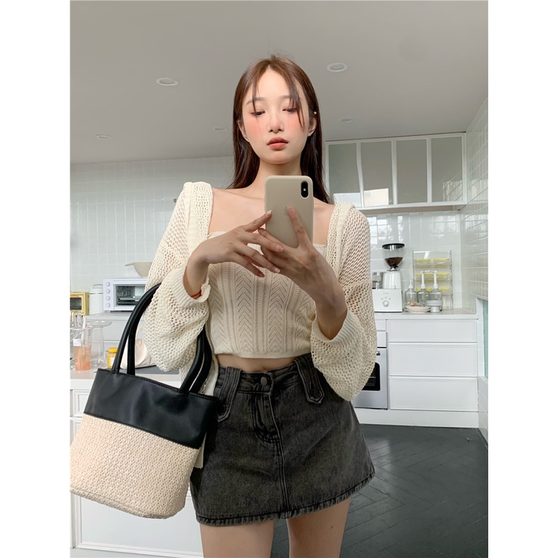 Suhao Murni Desire Hollow Knit Kecil Cardigan Wanita Musim Panas Gaya Korea Tipis Longgar Berkerudun