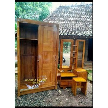 Paket lemari baju 2 pintu sliding dan meja rias model minimalis bahan kayu jati