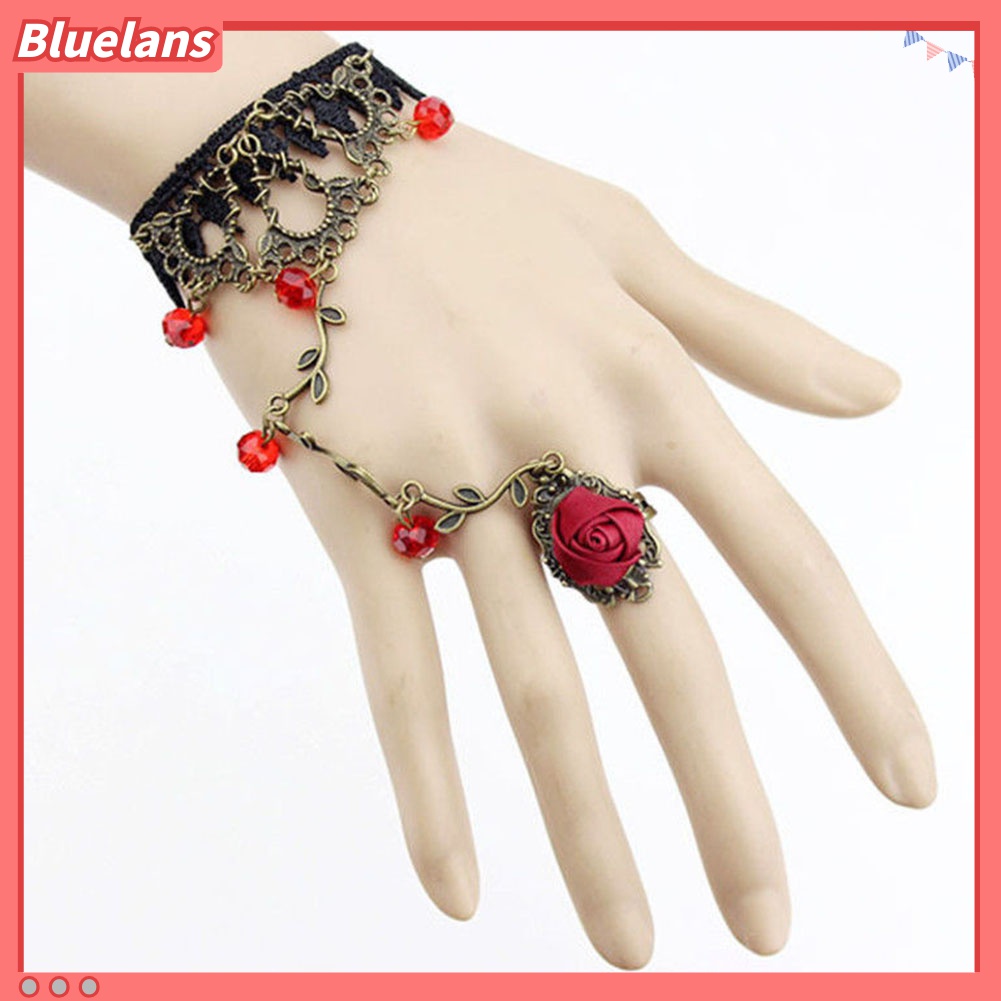 Bluelans Gelang Tangan Sambung Cincin Bahan Lace Motif Bunga Gaya Gothic Untuk Wanita