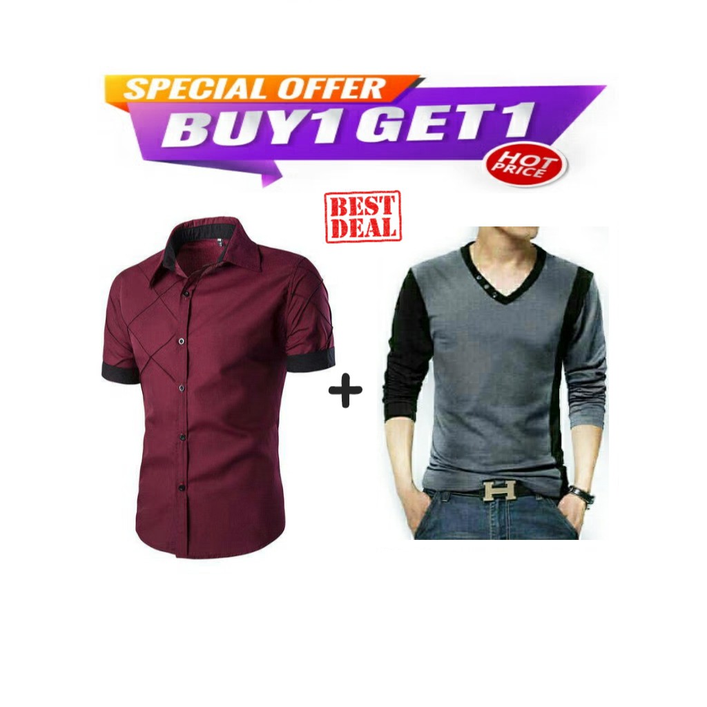 BosBaju Buy 1Get2 Kemeja Hem Kaos Pendek Pria Cowok Laki Korea Terbaru Trendy Panjang Keren Baru