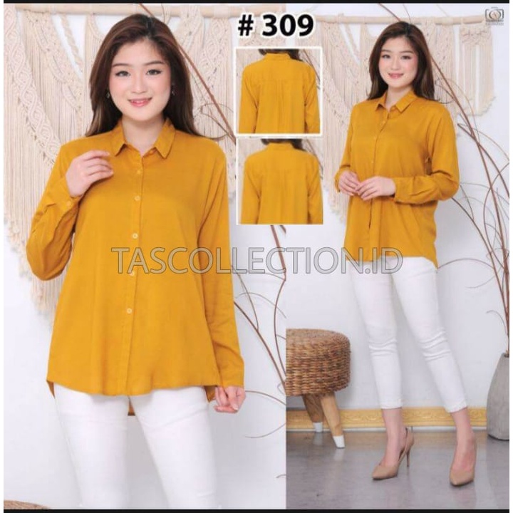 Kemeja wanita Basic lengan panjang bahan Moscrepe-MUSTARD