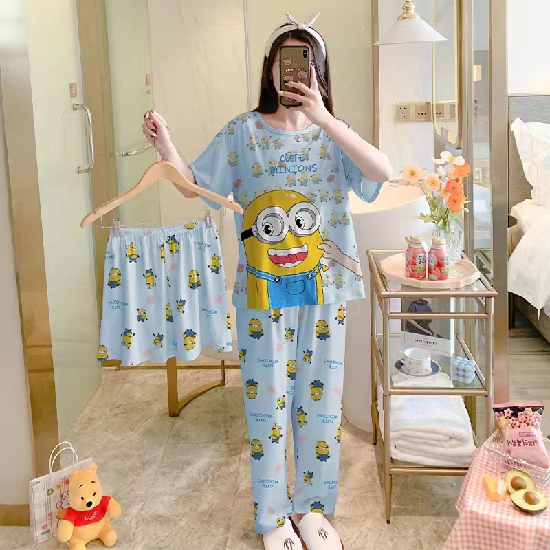 AJW Shop Piyama 3in1 | Piyama Import Dewasa | Setelan Wanita Kekinian | Baju Tidur Wanita Dewasa-Minion Biru