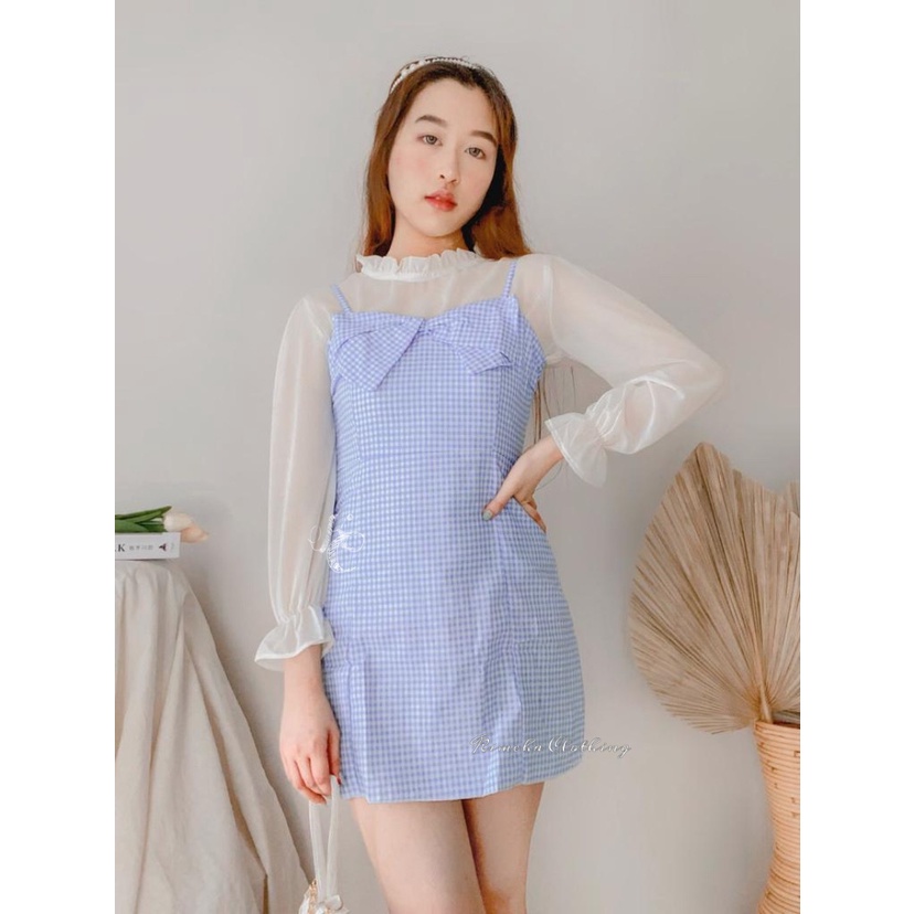 Yeji Dress BAJU TERUSAN WANITA TANPA LENGAN BIRU MUDA KOTAK-KOTAK PITA PASTEL ROK PENDEK