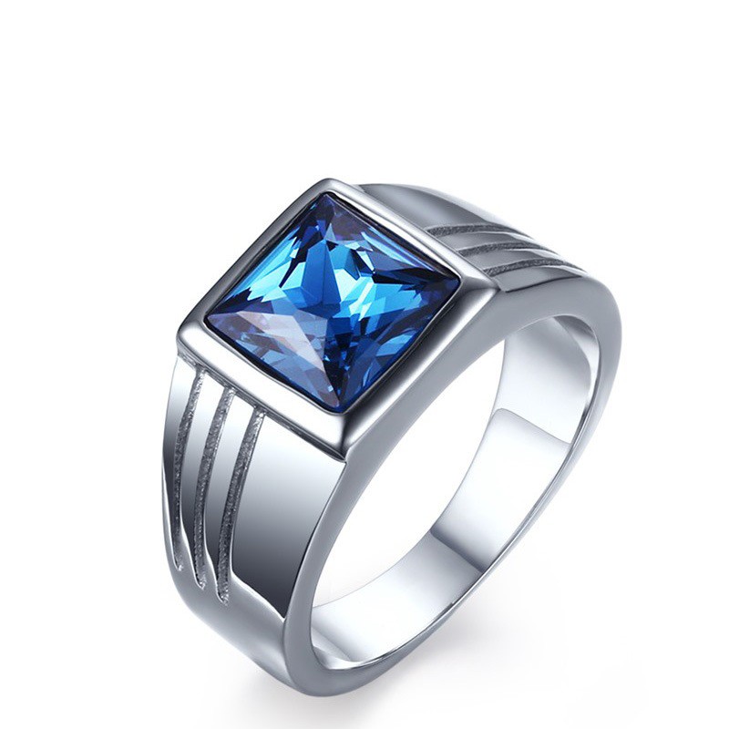 Cincin Single Pria Cowok Titanium 316L Anti Karat Import Blue Zircon AAA CP002