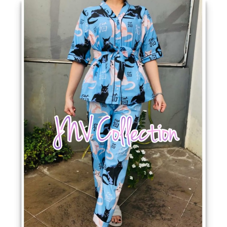 JNV Setelan Kimono CP Wanita Motif Karakter Kartun - Baju Tidur Kimono Lengan Pendek - Bahan Katun-Sitting Cat