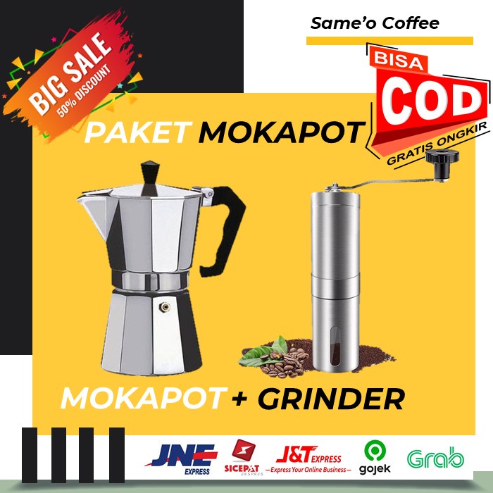 PAKET COFFEE GRINDER + MOKA POT 3 6 CUP ( ALAT SEDUH KOPI MANUAL )