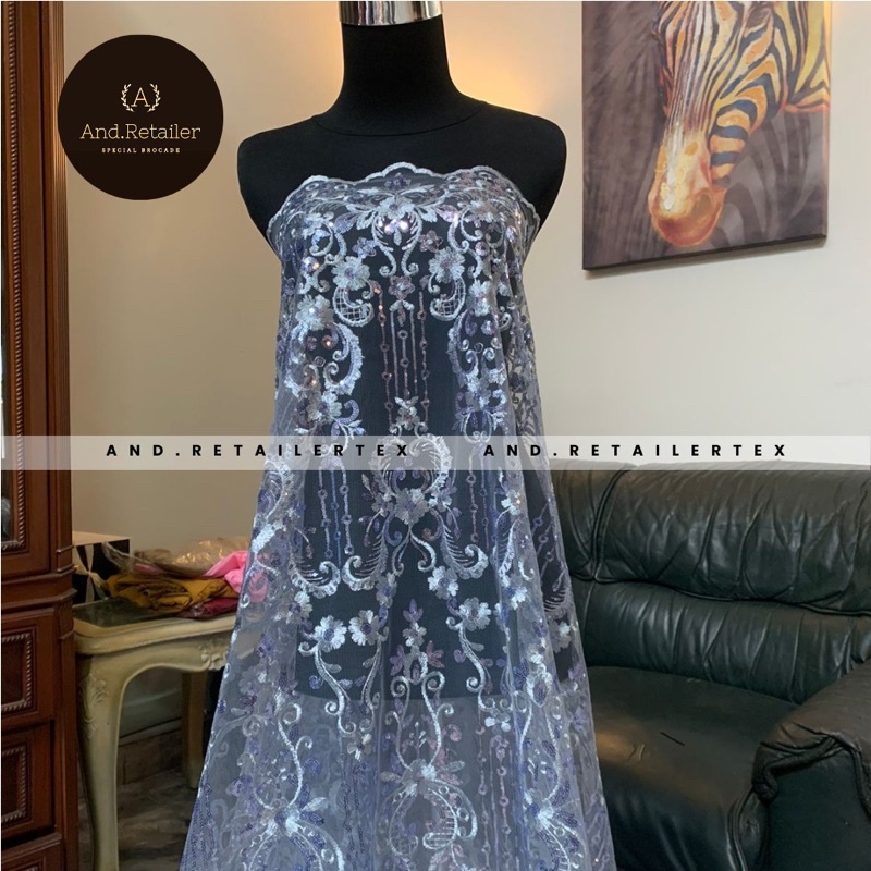 Bahan Kebaya Mewah Brokat Tile Payet Gloria Exclusive Warna Silver Blue