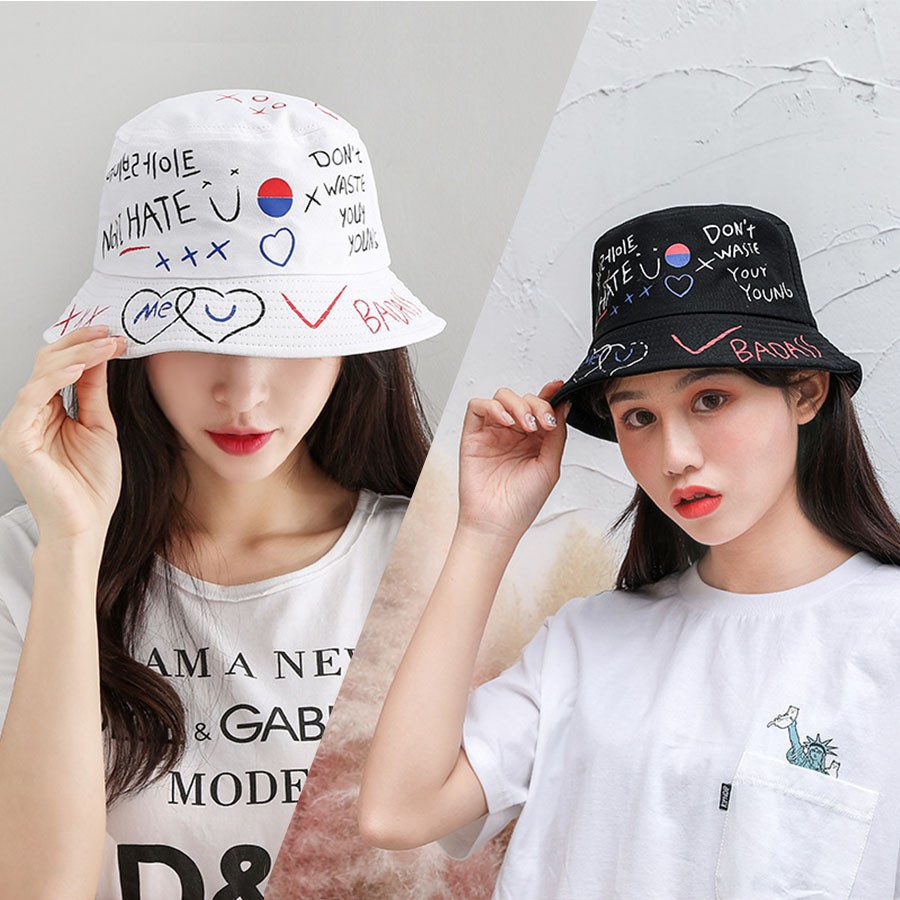 Topi Bucket Hat Korea Sablon Motif Sablon Badass Premium Pria Wanita