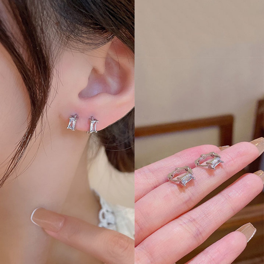 Korea Gaya Sederhana Hoop Klip Anting Elegan Wanita Fashion Perhiasan S925 Sterling Perak Persegi Panjang Zirkon Earrings