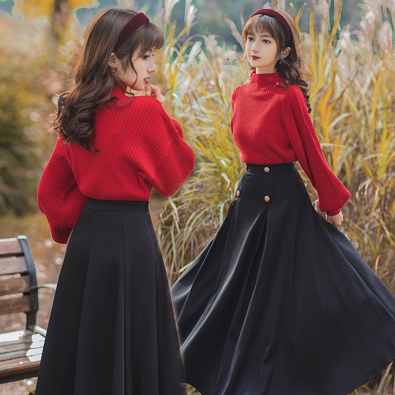 Single / suit Hong Kong style women's Retro Red half high neck sweater lazy two-piece set autumn and