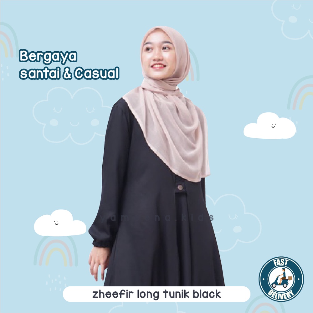 Yameena Kids Gamis Polos Zheefir Long Tunik Black Busana Muslim Wanita Kekinian Oversize Bahan Cotton Premium By Yameenakids