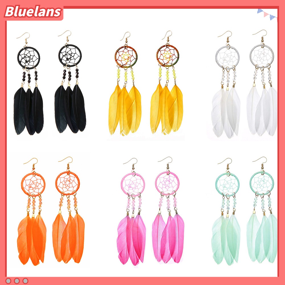 Anting Kait Gantung Desain Dream Catcher Hollow Hias Manik-Manik Bulu Gaya Bohemia Untuk Wanita