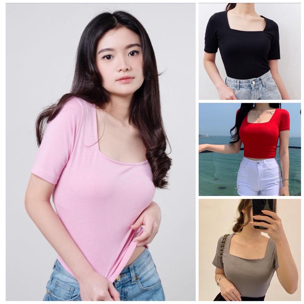 GZB Fashion Baju  Crop  Polos Kaos Wanita Terbaru / Pufie Crop Top Leher Kotak SOFT SPANDEK / Tshirt