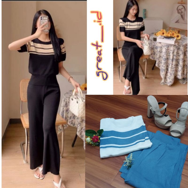 ONE SET RAJUT PREMIUM IMPORT (COD)-Pendek biru Strip