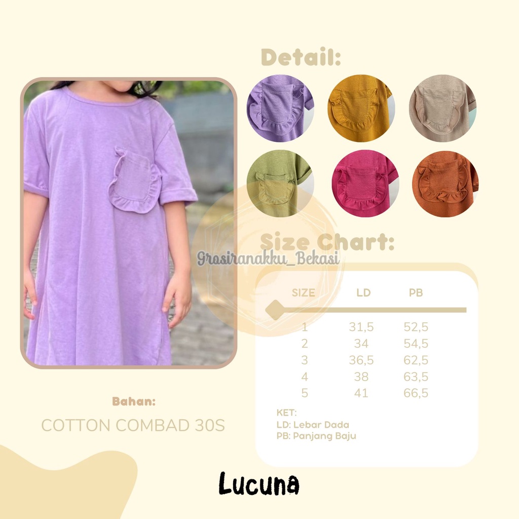 Dress Anak Oversize Lucuna Rumi Warna Ungu Size 1-5tahun