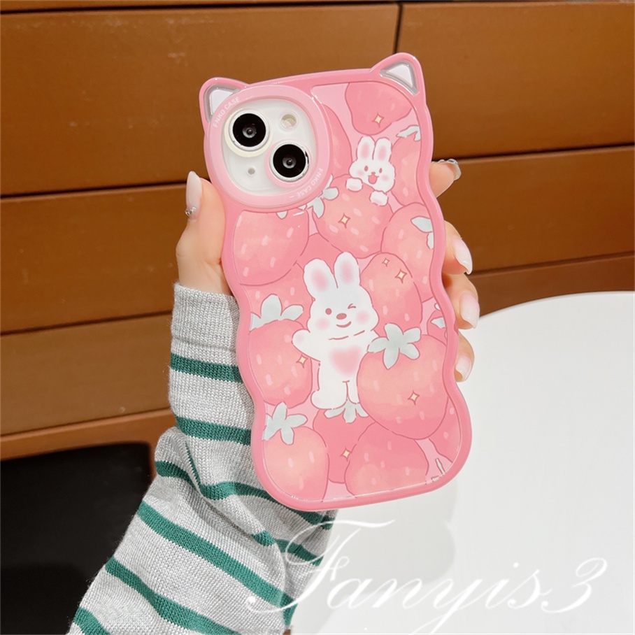 Compatible For iPhone 14 13 12 11 Pro Max X XR Xs Max 8 7 6 6s Plus SE 2020 Soft Case Pelindung Desain Telinga Kelinci Strawberry Peach Bear Untuk