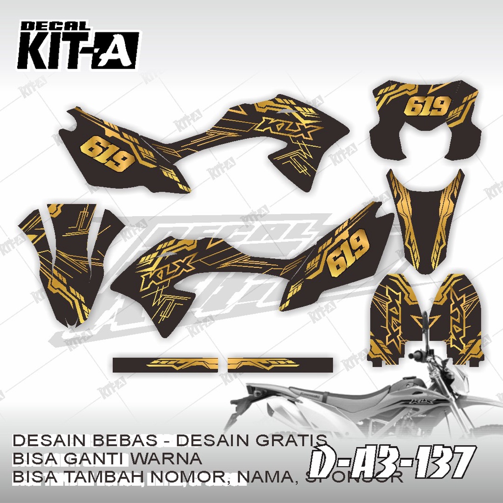 Decal kawasaki KLX 150 BF MOTIF ROAD RACE HITAM GOLD