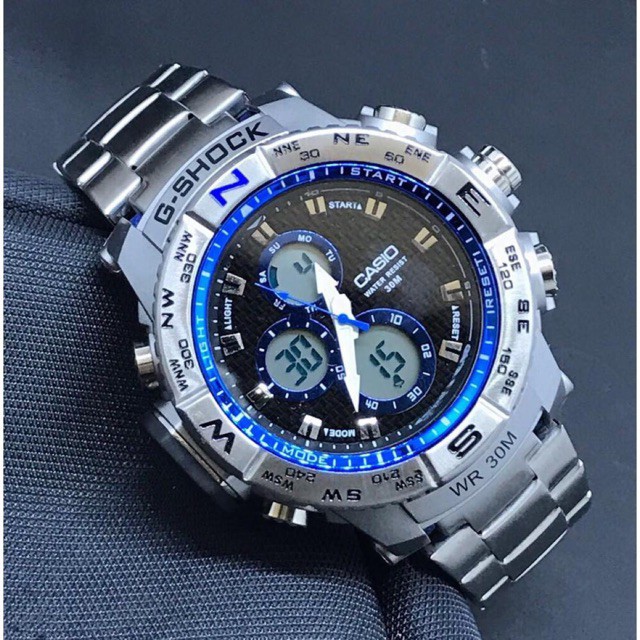 JAM TANGAN TERBARU RANTAI CASIO G SHOCK MTGS SILVER BIRU