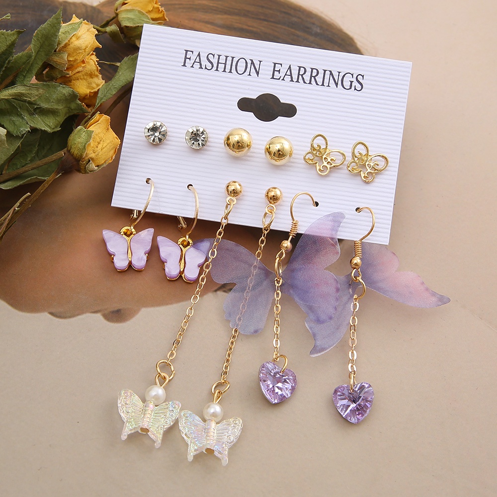 Set Anting Hoop Desain Kupu-Kupu Hati Kristal Mutiara Bahan Resin Untuk Wanita