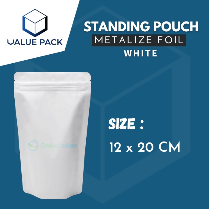 BUNGKUS KEMASAN PLASTIK KEMASAN STANDING POUCH FOIL WARNA PUTIH 12x20