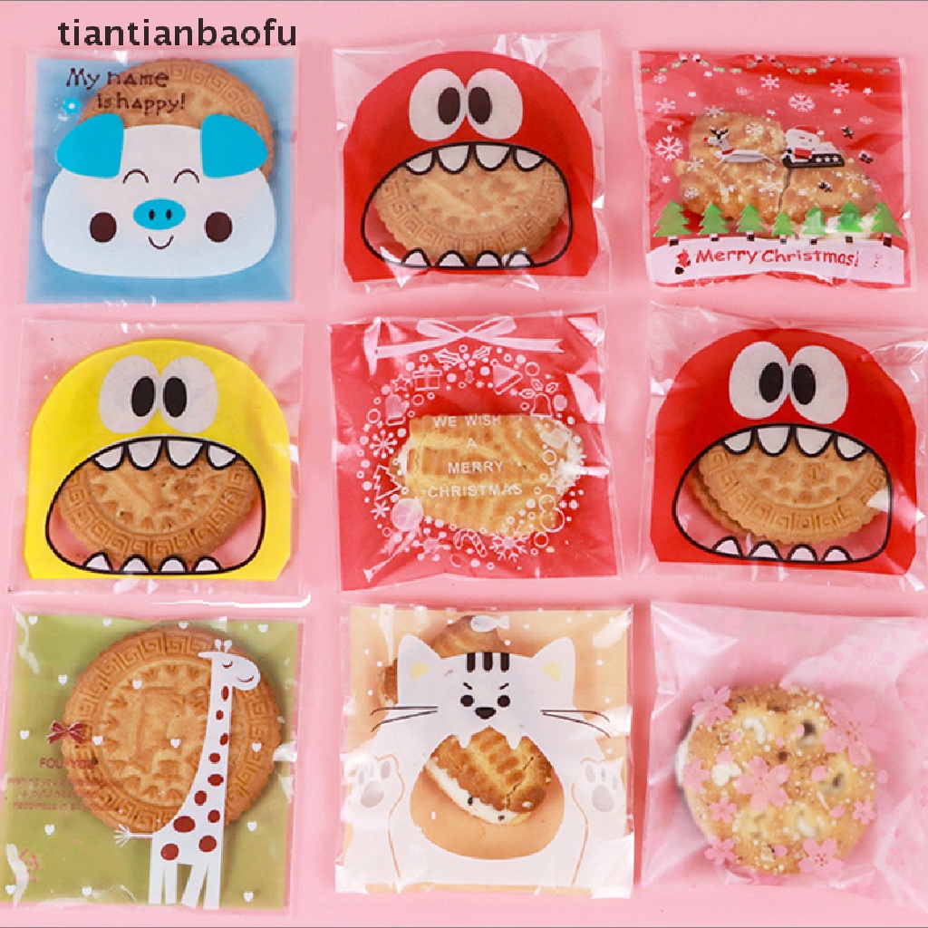 100 Pcs / Pak Tas Kue / Permen / Biskuit Motif Kartun Dengan Perekat