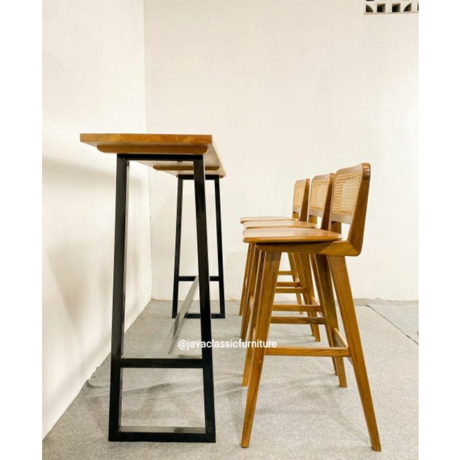 set kursi meja bar coffe kopi rotan kayu jati solid kaki besi minimalis vintage stool table cafe mur