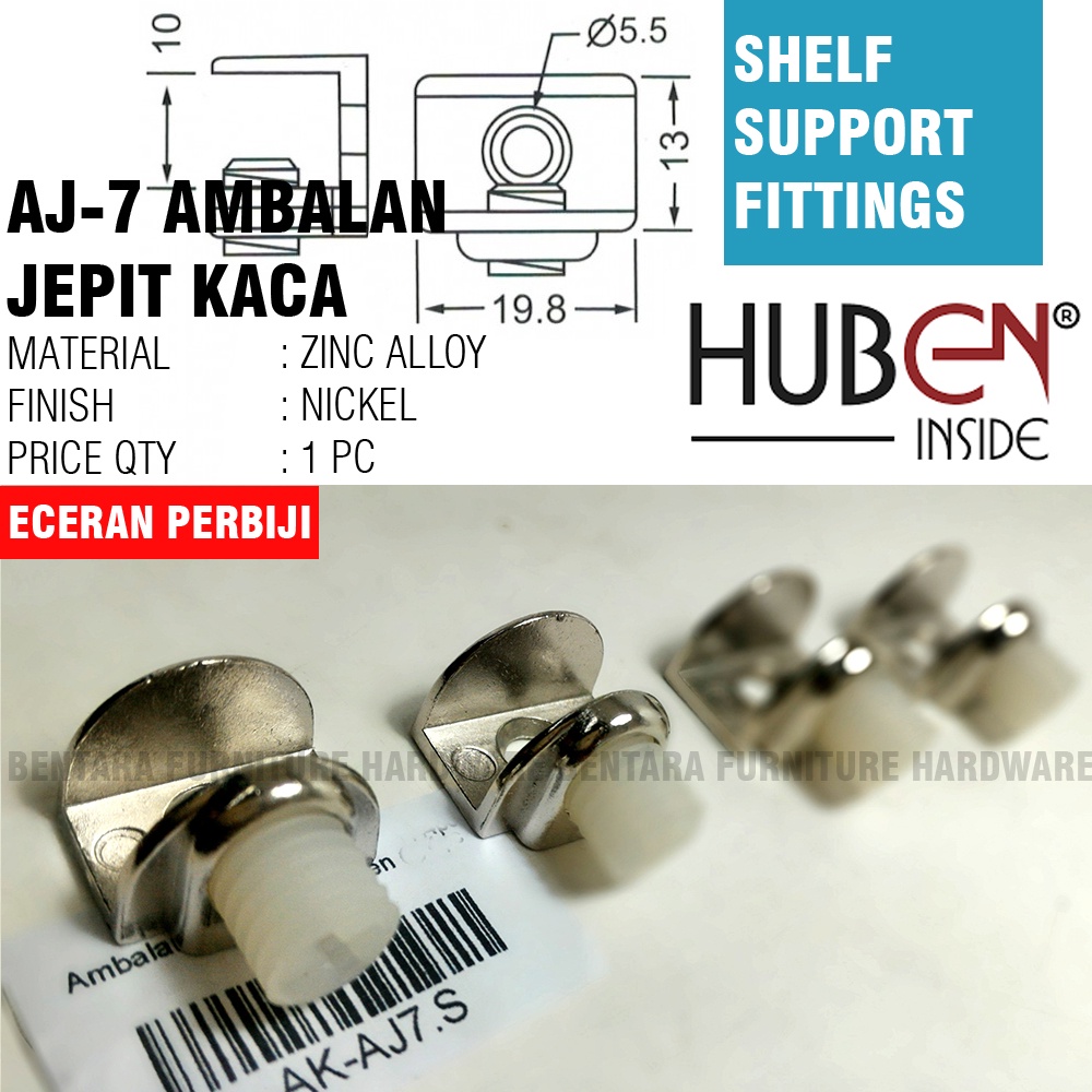 HUBEN AJ7 - AMBALAN JEPIT AMBALAN KACA ZINC ALLOY NICKEL SATIN - Glass Shelf Support Fitting MODEL SKRUP