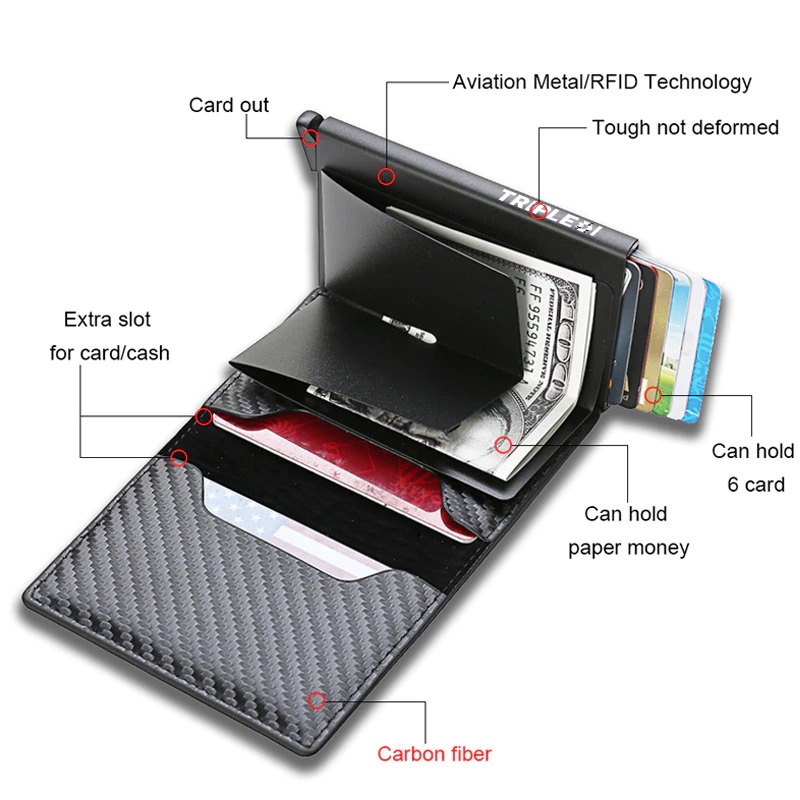 TRIPLEDI Dompet Kartu Lontar Anti Scan RFID Block Auto Pop Up Card Holder ATM KTP STNK NPWP Case Aluminium Leather