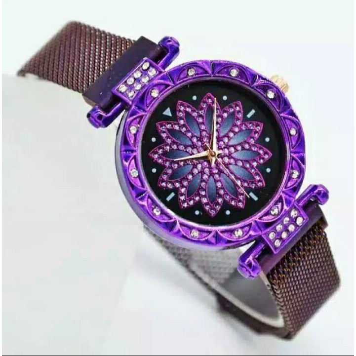 Jam tangan wanita tali magnet pasir motif bunga free batrai