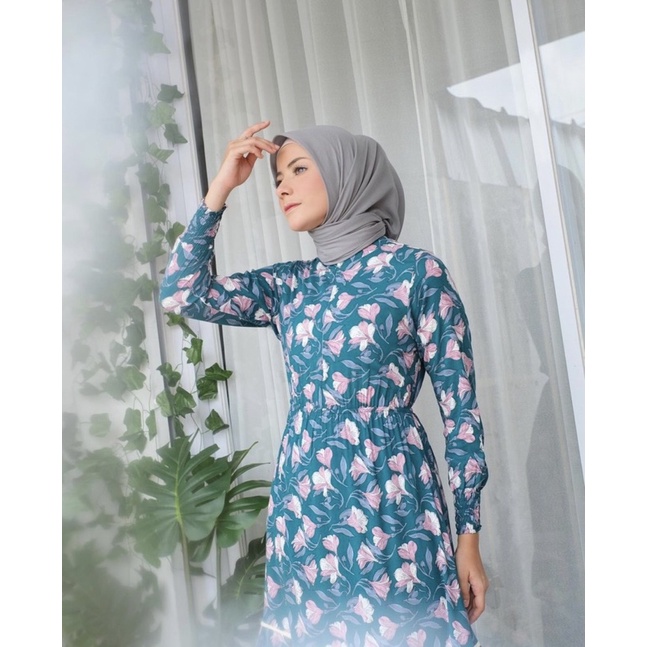 Ounadoutfit Tulip dress wanita cantik turtleneck busui rample / dress muslim motif / baju rayon busui / homedress bunga