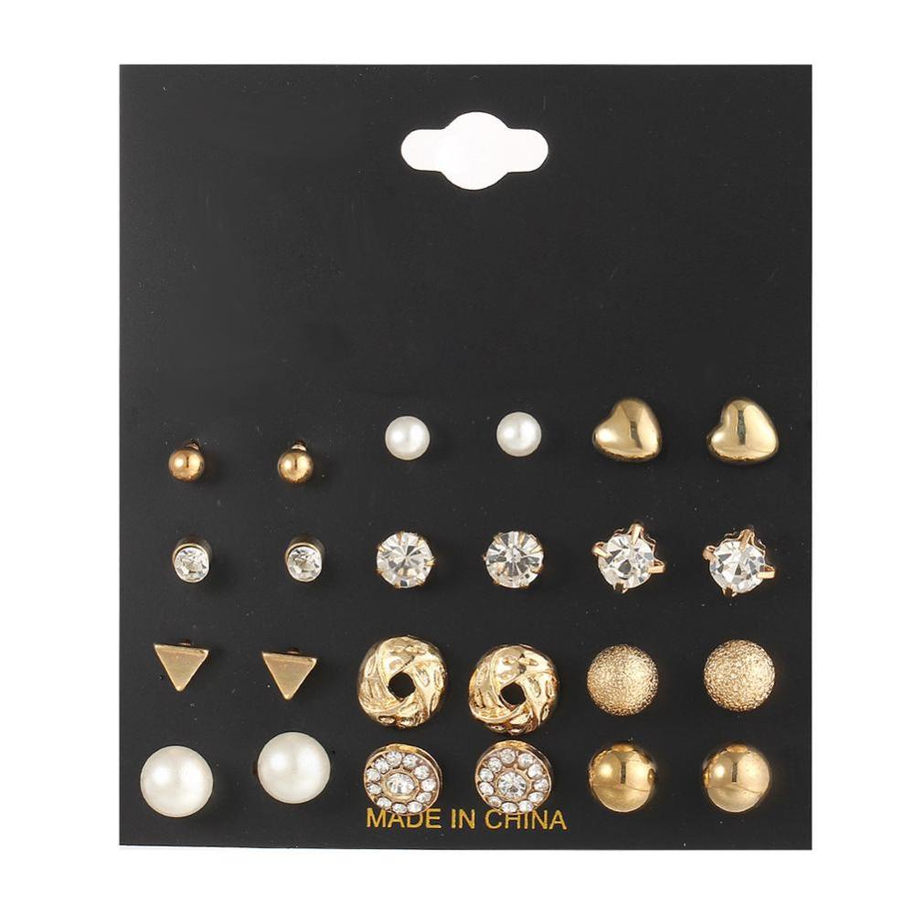 Timekey 12 Pasang / Set Anting Tusuk Desain Geometri Hias Zircon + Mutiara Untuk Wanita A9K4