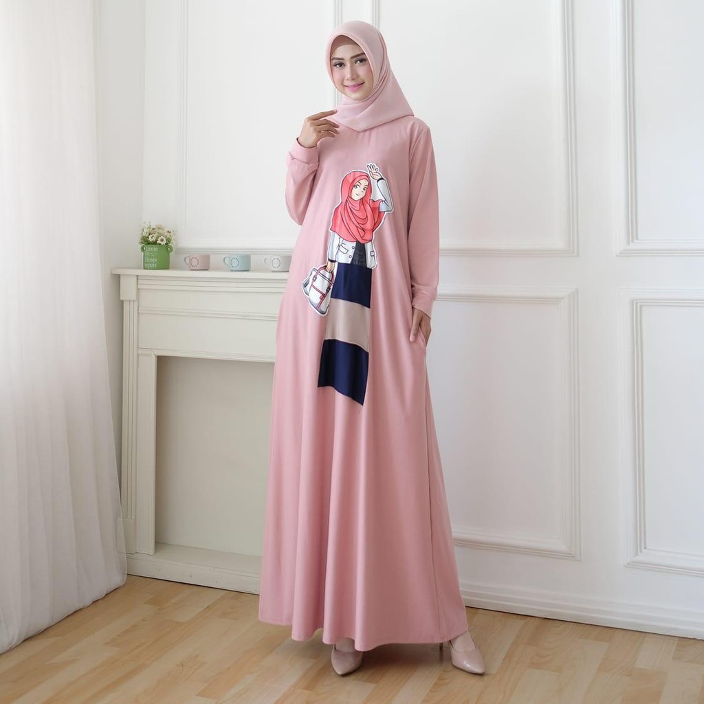 Gamis Wanita Motif Print Hijabers bahan Babytery Adem / Dress Wanita model Maxi SALE HOPYLOVY