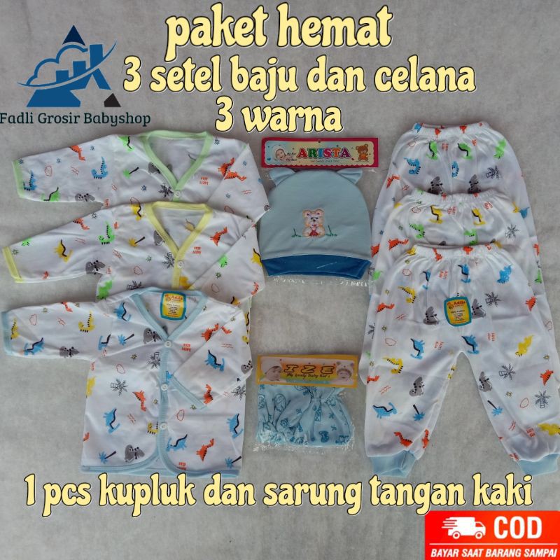 3 Setel Baju Celana Panjang Bayi Newborn Kupluk Sarung Tangan Dan Kaki Terlaris