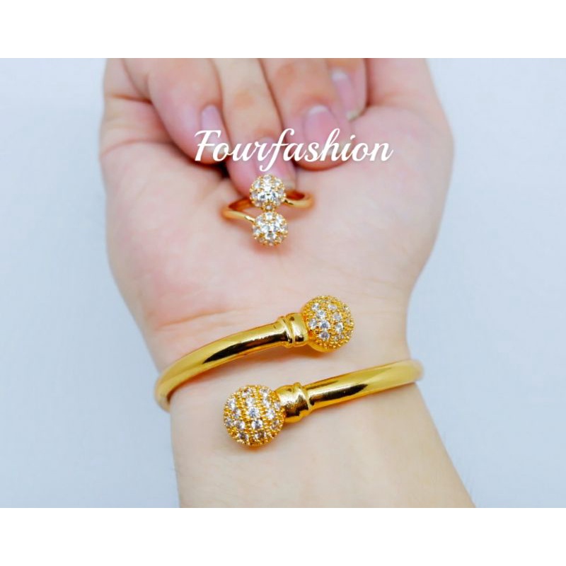 Fourfashion Gelang Bangle+cincin Bola-Bola Full Permata Kekinian